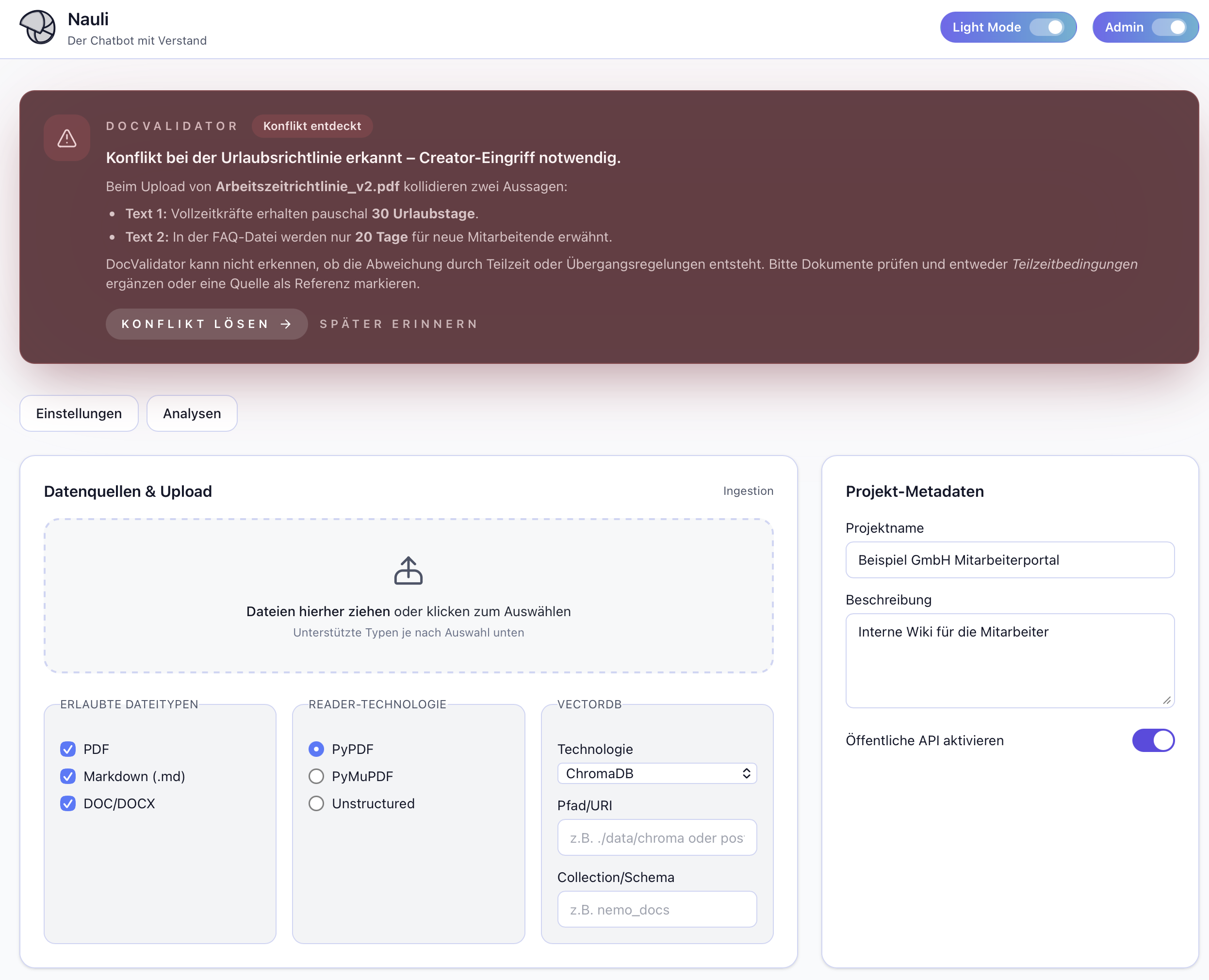 Screenshot des DocValidators, der einen Konflikt zwischen zwei Urlaubsregelungen anzeigt